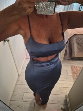 Satin Slip Midi Dress with Cutout - Charcoal